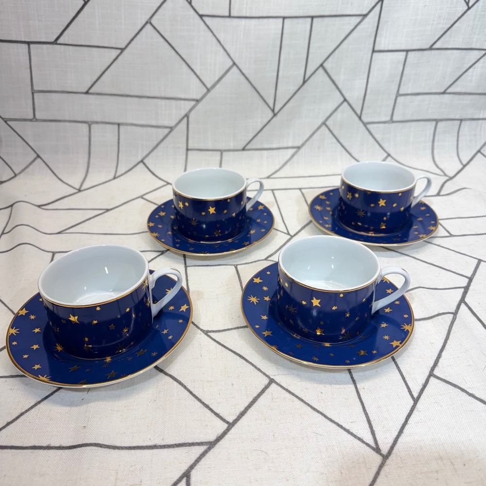 Sakura Galaxy Espresso Cup Saucer Set 4 Blue Gold Stars Celestial Porcelain